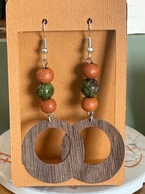 Handcrafted Green and Brown Bead Wood Hoop Earrings